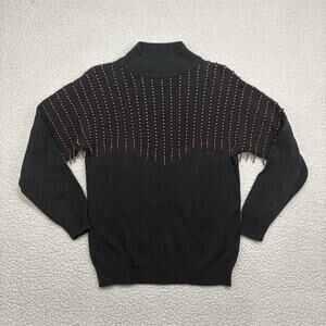 Vintage Celina Yang Mock Neck Black Sweater Womens S Pink Beaded Fringe Eclectic